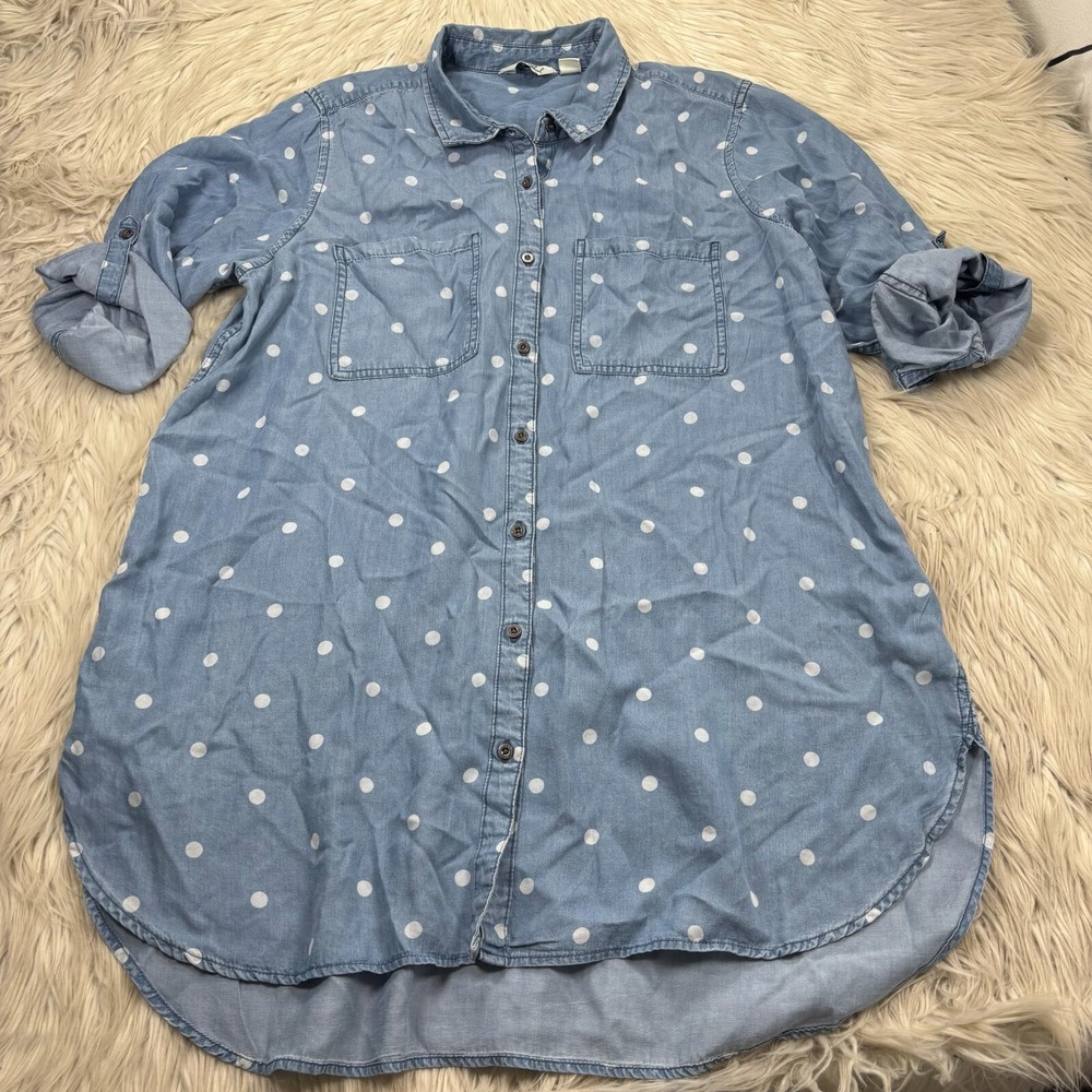 Cafe Marrakech Women's L Polka Dot Chambray Button Front Tunic Top Roll Tab